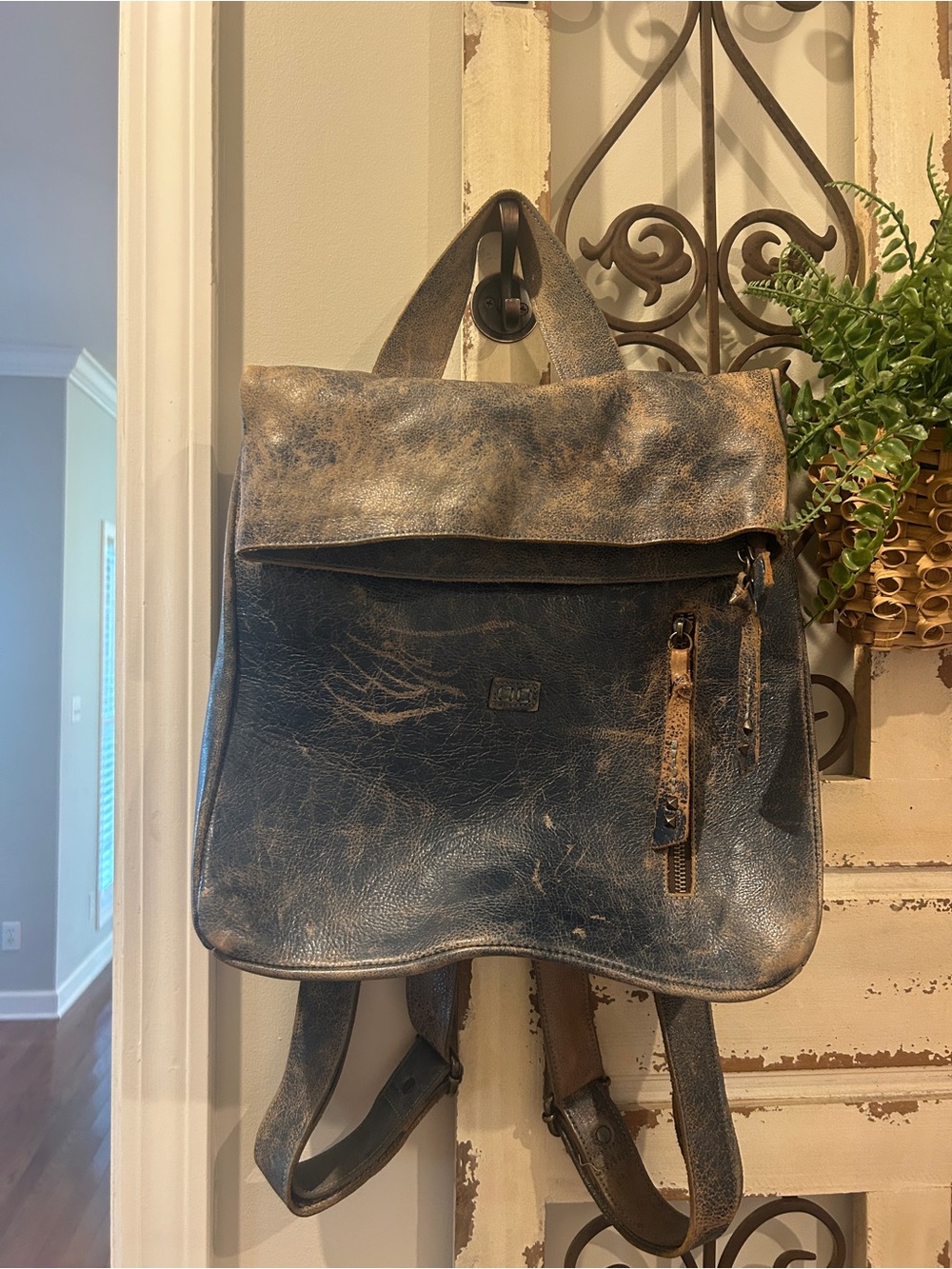 Bed Stu Vintage Distressed Navy and Tan Leather Backpack